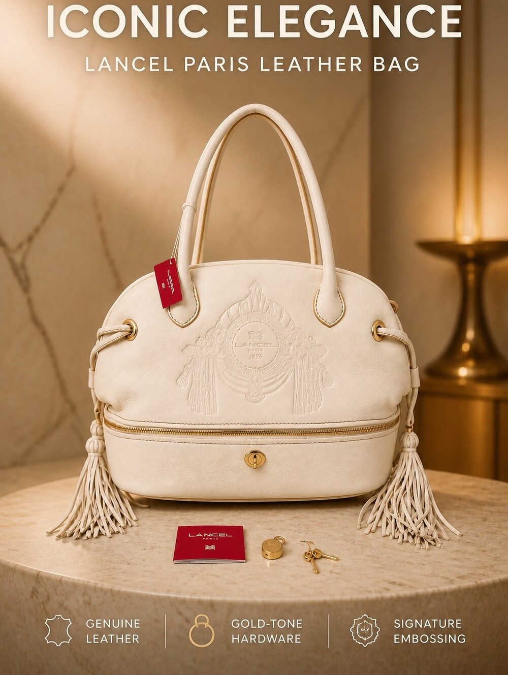 LANCEL Paris Ivory Grained Leather Tassel Shoulder Bag NWT